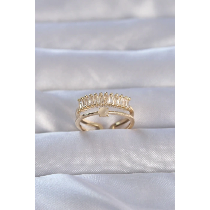 BFS Pirinç Gold Renk Zirkon Taşlı Baget Su Yolu Model Ayarlanabilir Yüzük