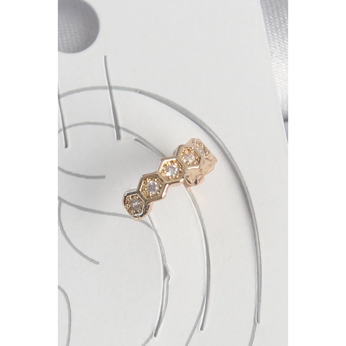 BFS Pirinç Gold Renk Zirkon Taşlı Bal Peteği Model Kadın Kıkırdak Küpe