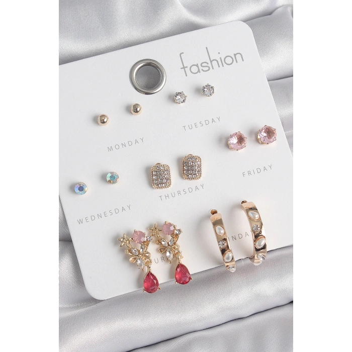 BFS Pirinç Gold Renk Zirkon Taşlı Çiçek Figür İncili Halka Figür 7 Çift Kadın Küpe Seti