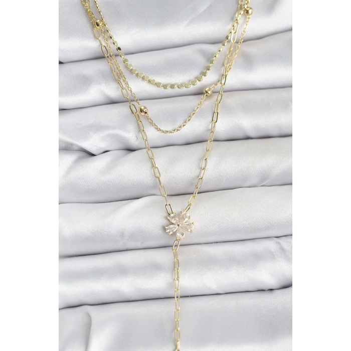 BFS Pirinç Gold Renk Zirkon Taşlı Çiçek Model Detaylı 3lü Kombin Y Kadın Kolye