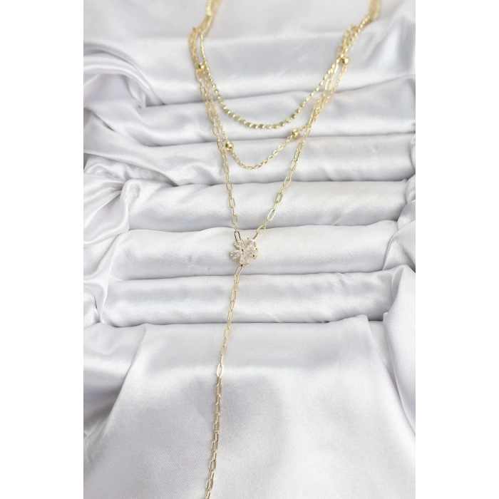 BFS Pirinç Gold Renk Zirkon Taşlı Çiçek Model Detaylı 3lü Kombin Y Kadın Kolye