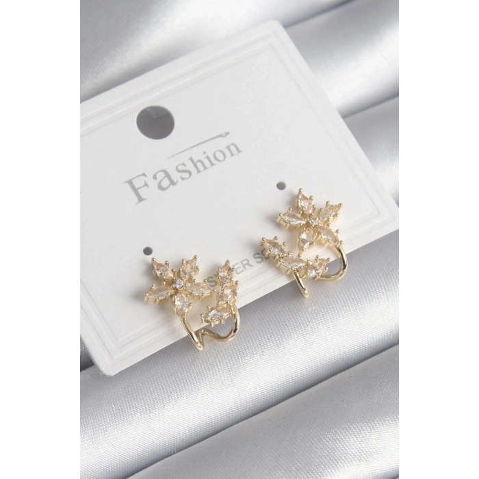 BFS Pirinç Gold Renk Zirkon Taşlı Çiçek Model Kadın Küpe