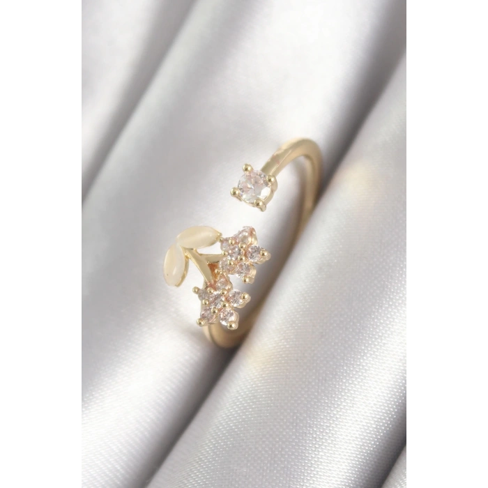 BFS Pirinç Gold Renk Zirkon Taşlı Çiçek Model Kadın Yüzük