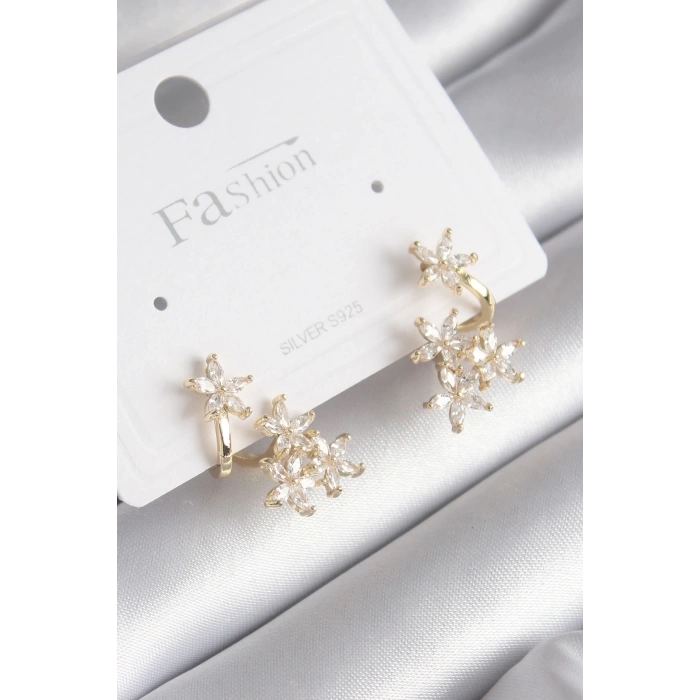 BFS Pirinç Gold Renk Zirkon Taşlı Çiçek Tasarım Kadın Küpe