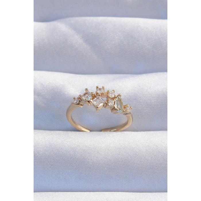 BFS Pirinç Gold Renk Zirkon Taşlı Damla Detay Ayarlanabilir Yüzük