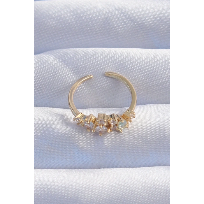 BFS Pirinç Gold Renk Zirkon Taşlı Damla Detay Ayarlanabilir Yüzük