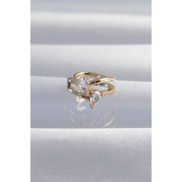 BFS Pirinç Gold Renk Zirkon Taşlı Damla Earcuff Küpe