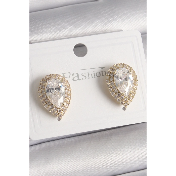 BFS Pirinç Gold Renk Zirkon Taşlı Damla Model Kadın Küpe