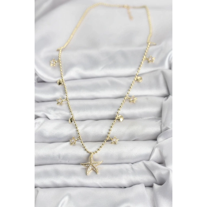 BFS Pirinç Gold Renk Zirkon Taşlı Deniz Yıldızı Model Kadın Kolye