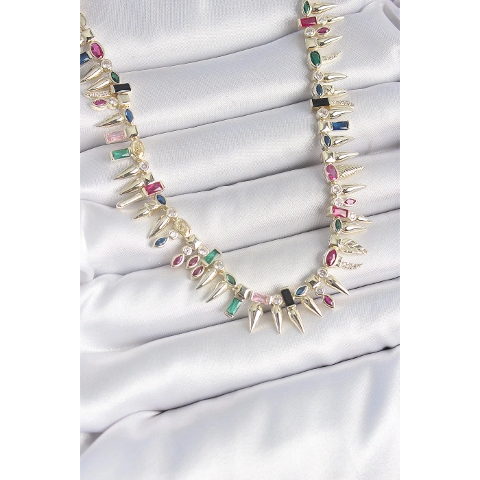 BFS Pirinç Gold Renk Zirkon Taşlı Diken Model VIP Seri Kadın Kolye