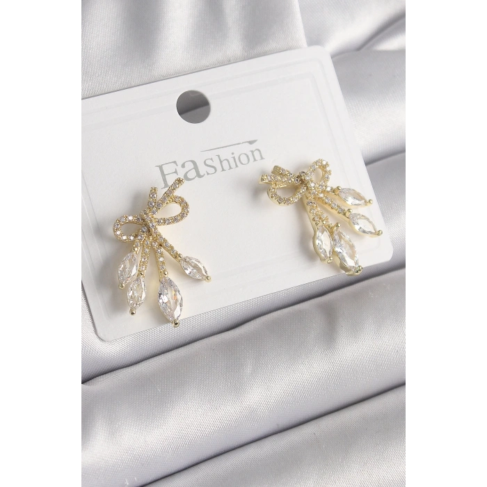 BFS Pirinç Gold Renk Zirkon Taşlı Düğüm Model Damla Zirkon Taşlı Kadın Küpe