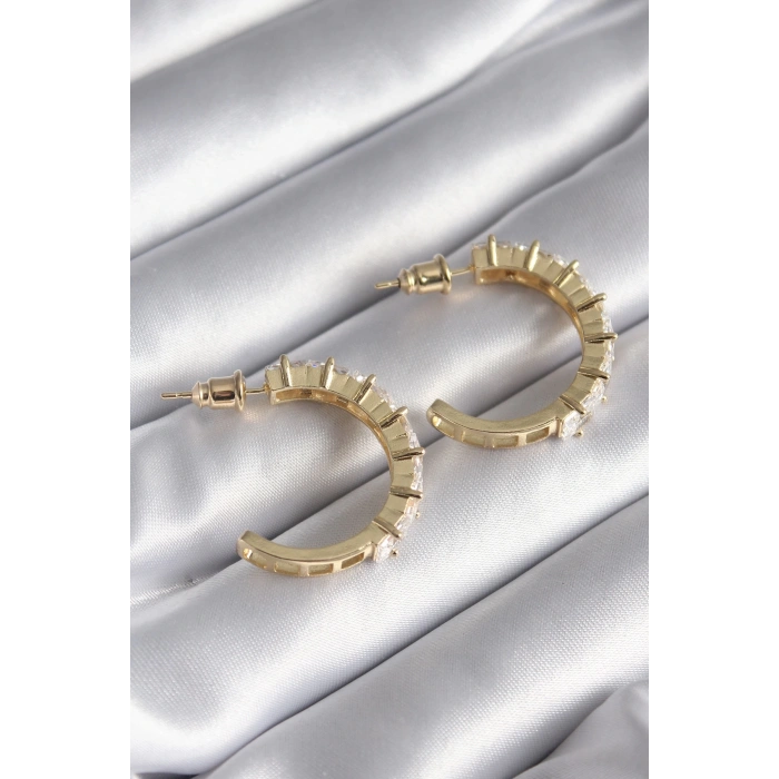 BFS Pirinç Gold Renk Zirkon Taşlı Halka Model Kadın Küpe