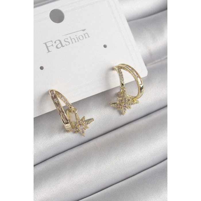 BFS Pirinç Gold Renk Zirkon Taşlı Halka Model Yıldız Detay Kadın Küpe