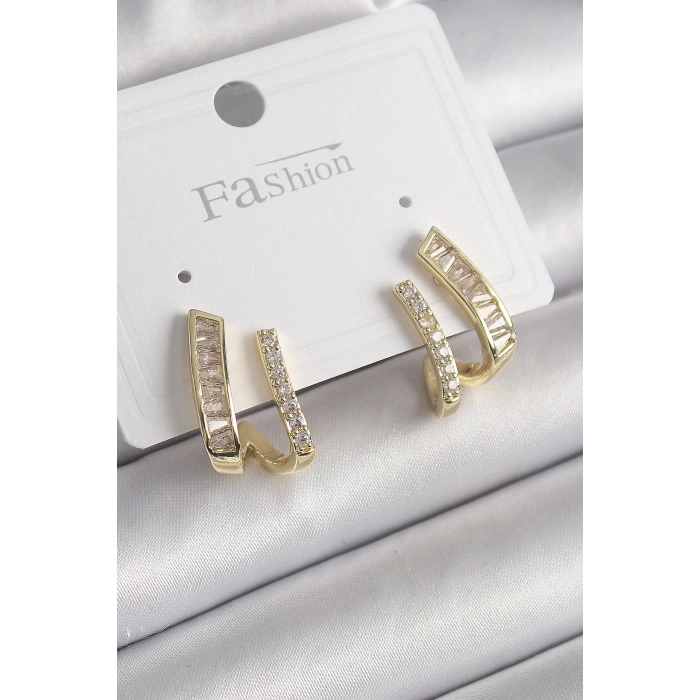 BFS Pirinç Gold Renk Zirkon Taşlı Kadın Küpe