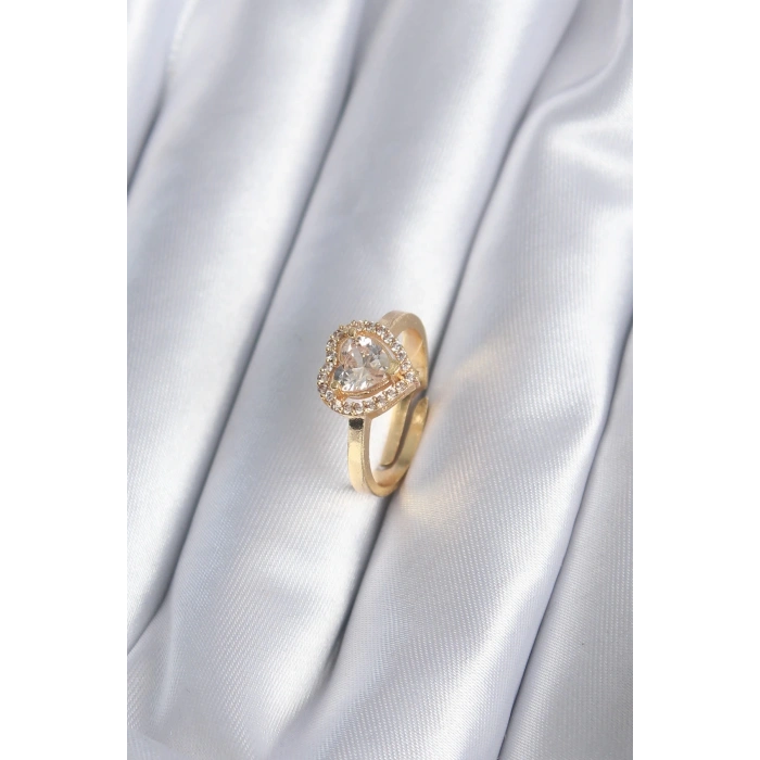 BFS Pirinç Gold Renk Zirkon Taşlı Kalp Charm Model Kadın Yüzük