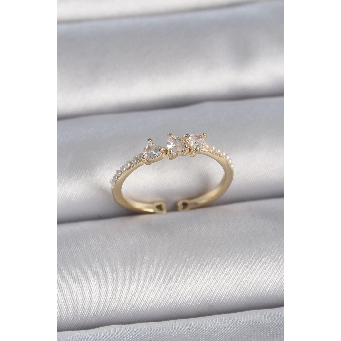 BFS Pirinç Gold Renk Zirkon Taşlı Kalp İnci Detaylı Ayarlanabilir Model Kadın Yüzük