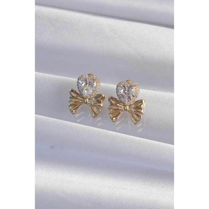 BFS Pirinç Gold Renk Zirkon Taşlı Kalp Model Fiyonk Küpe