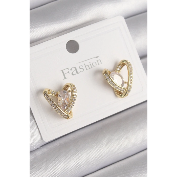 BFS Pirinç Gold Renk Zirkon Taşlı Kalp Model Kadın Küpe