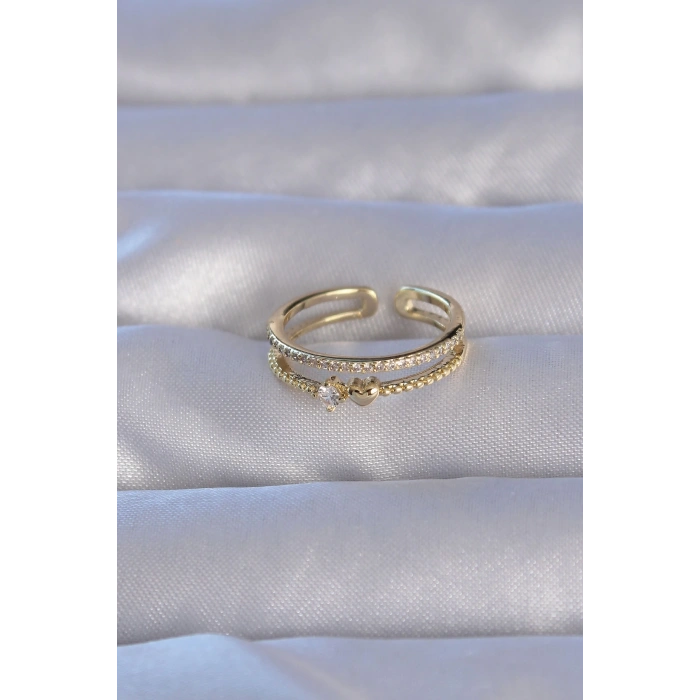 BFS Pirinç Gold Renk Zirkon Taşlı Kalpli Su Yolu Model Ayarlanabilir Yüzük