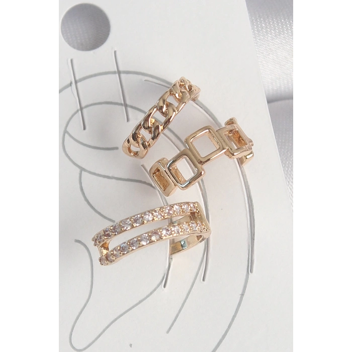 BFS Pirinç Gold Renk Zirkon Taşlı Kare Zincir Model Kadın Kıkırdak Küpe