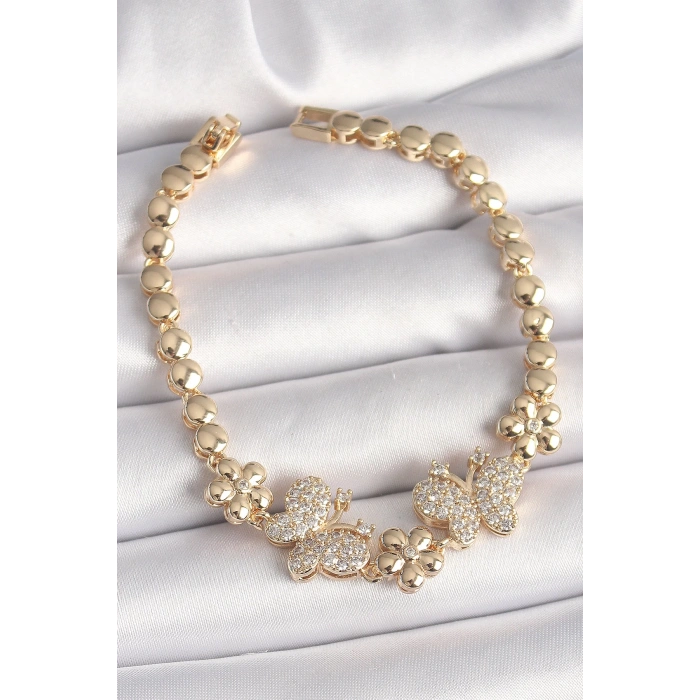 BFS Pirinç Gold Renk Zirkon Taşlı Kelebek Figür Çiçek Zincir Model Kadın Bileklik