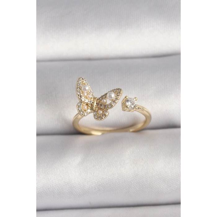 BFS Pirinç Gold Renk Zirkon Taşlı Kelebek Model İnci Detay Ayarlanabilir Yüzük