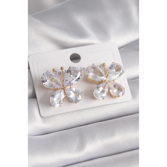 BFS Pirinç Gold Renk Zirkon Taşlı Kelebek Model Kadın Küpe