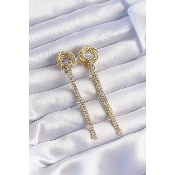 BFS Pirinç Gold Renk Zirkon Taşlı Kıvrım Detay Sallantılı Küpe