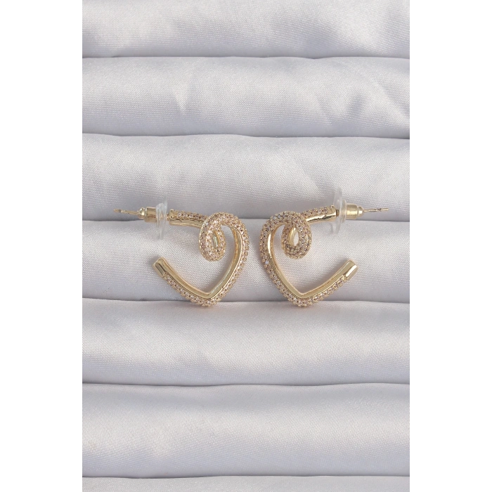 BFS Pirinç Gold Renk Zirkon Taşlı Kıvrımlı Yarım Kalp Küpe