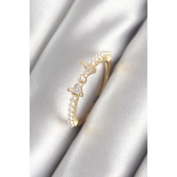 BFS Pirinç Gold Renk Zirkon Taşlı Kurdele İnci Detay Kadın Yüzük