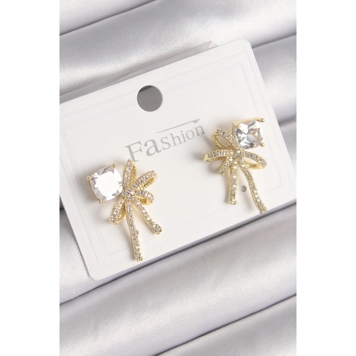 BFS Pirinç Gold Renk Zirkon Taşlı Kurdele Model Kadın Küpe