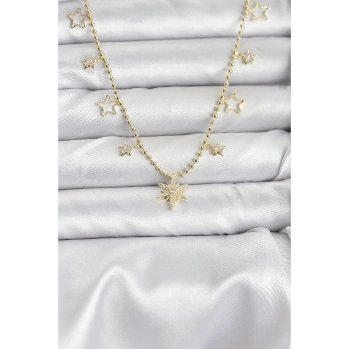 BFS Pirinç Gold Renk Zirkon Taşlı Kutup Yıldızı Model Kadın Kolye