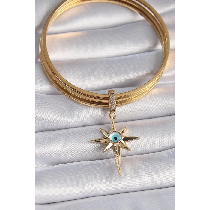 BFS Pirinç Gold Renk Zirkon Taşlı Kutup Yıldızı Nazar Boncuk Detay Ajda Charm