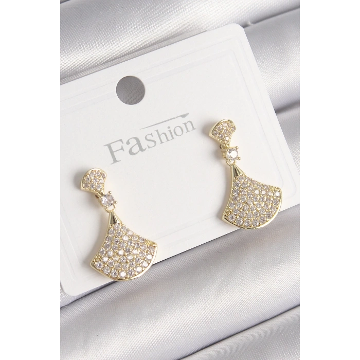 BFS Pirinç Gold Renk Zirkon Taşlı Motif Model Kadın Küpe