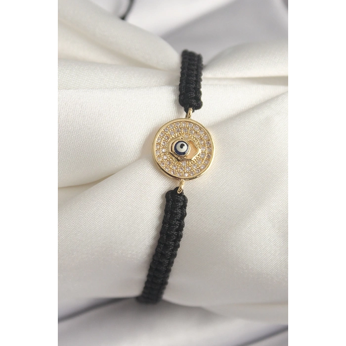 BFS Pirinç Gold Renk Zirkon Taşlı Nazar Boncuk İşleme Makrome Asansörlü Model Kadın Bileklik