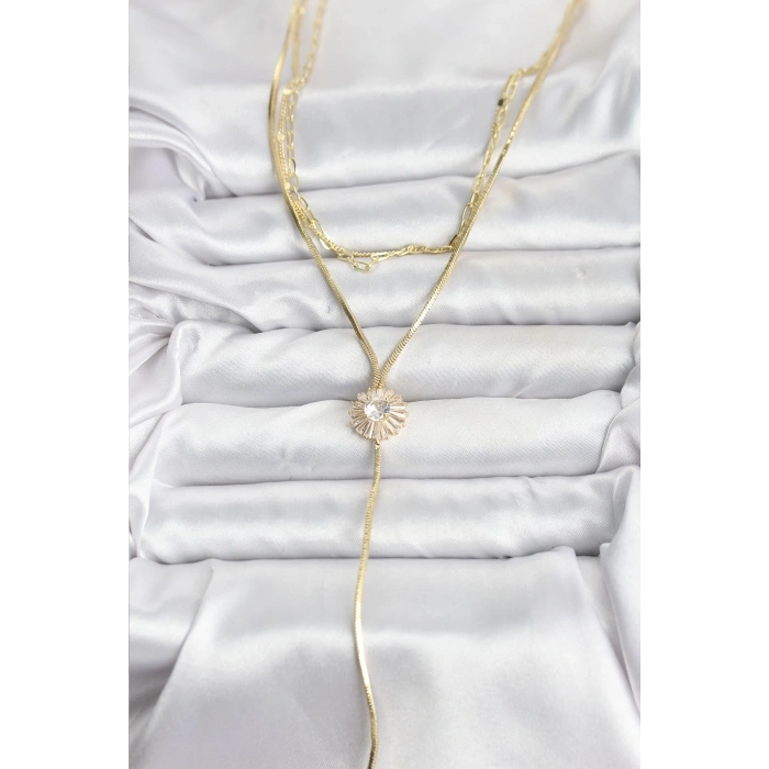 BFS Pirinç Gold Renk Zirkon Taşlı Papatya Model Detaylı 3lü Kombin Y Kadın Kolye