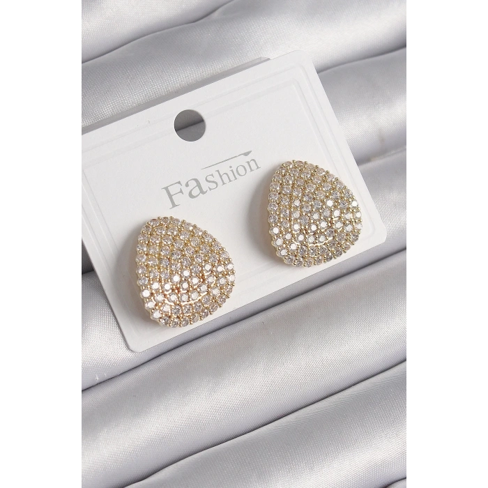 BFS Pirinç Gold Renk Zirkon Taşlı Plaka Model Kadın Küpe