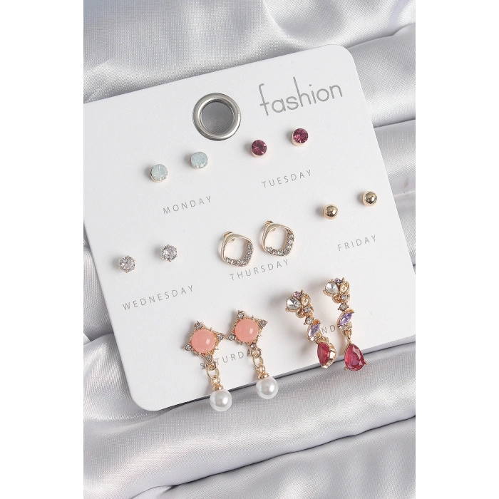 BFS Pirinç Gold Renk Zirkon Taşlı Sallantı İnci Detay 7 Çift Kadın Küpe