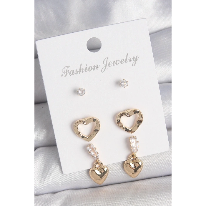 BFS Pirinç Gold Renk Zirkon Taşlı Sallantı Kalp Model Kadın 3 Çift Küpe Seti