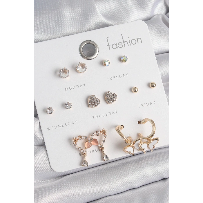 BFS Pirinç Gold Renk Zirkon Taşlı Sallantılı Kalp Figür Kelebek Detay 7 Çift Kadın Küpe Seti