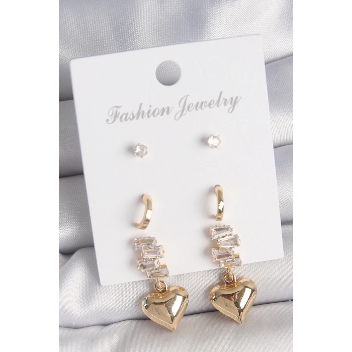 BFS Pirinç Gold Renk Zirkon Taşlı Sallantılı Kalp Model Yarım Halka Detay 3 Çift Kadın Küpe Seti