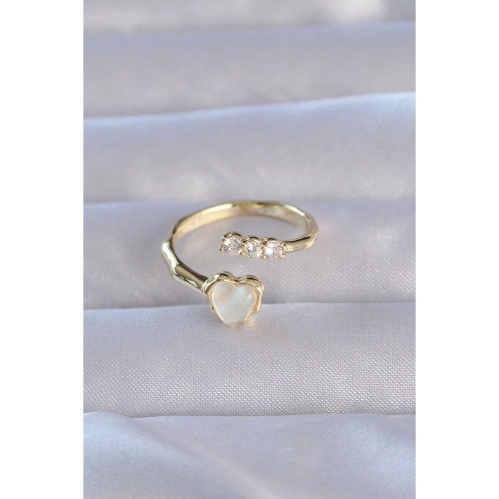 BFS Pirinç Gold Renk Zirkon Taşlı Sedefli Kalp Model Ayarlanabilir Yüzük