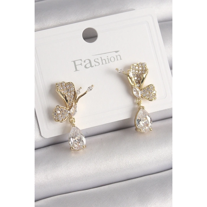 BFS Pirinç Gold Renk Zirkon Taşlı Turna Kuşu Model Sallantı Detay Kadın Küpe