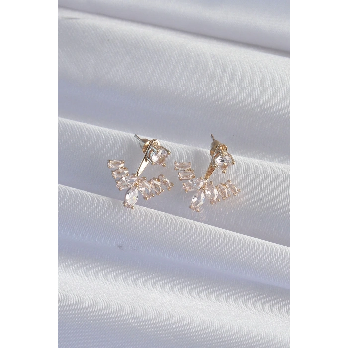 BFS Pirinç Gold Renk Zirkon Taşlı V Model Küpe