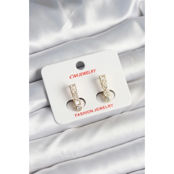 BFS Pirinç Gold Renk Zirkon Taşlı Vintage Kadın Küpe