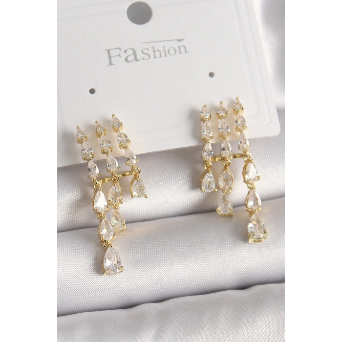 BFS Pirinç Gold Renk Zirkon Taşlı Yağmur Model Kadın Küpe