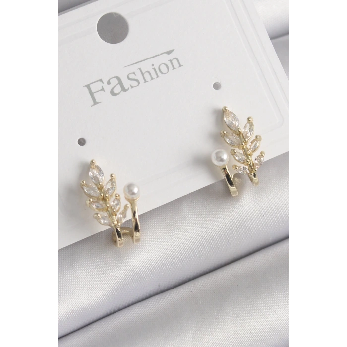 BFS Pirinç Gold Renk Zirkon Taşlı Yaprak Model İnci Detay Küpe