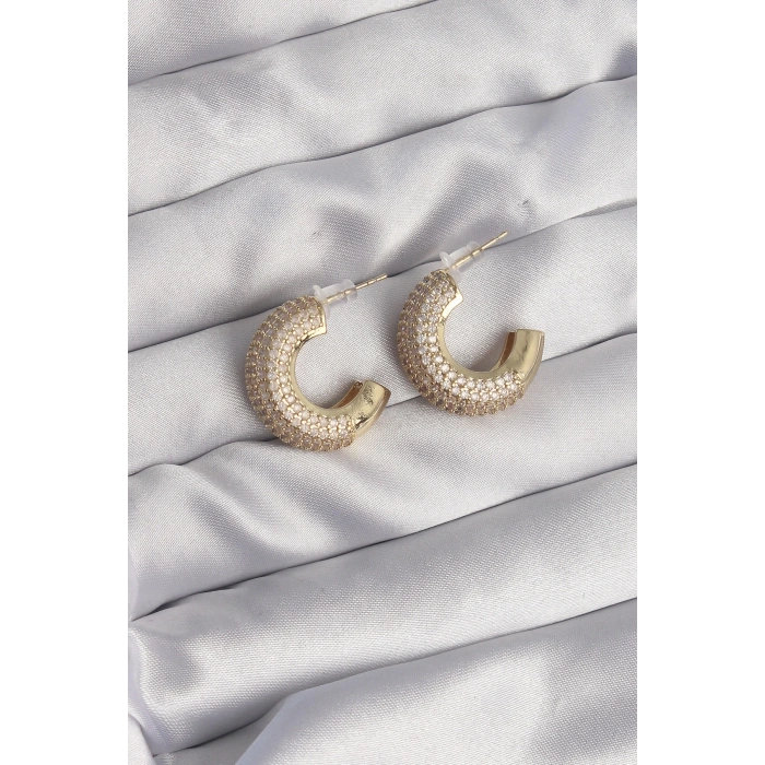 BFS Pirinç Gold Renk Zirkon Taşlı Yarım Halka Küpe