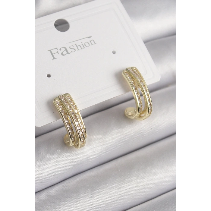 BFS Pirinç Gold Renk Zirkon Taşlı Yarım Halka Model Kadın Küpe