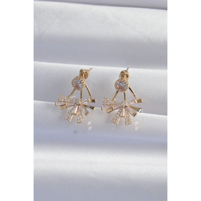 BFS Pirinç Gold Renk Zirkon Taşlı Yassı Fiyonk Model Küpe